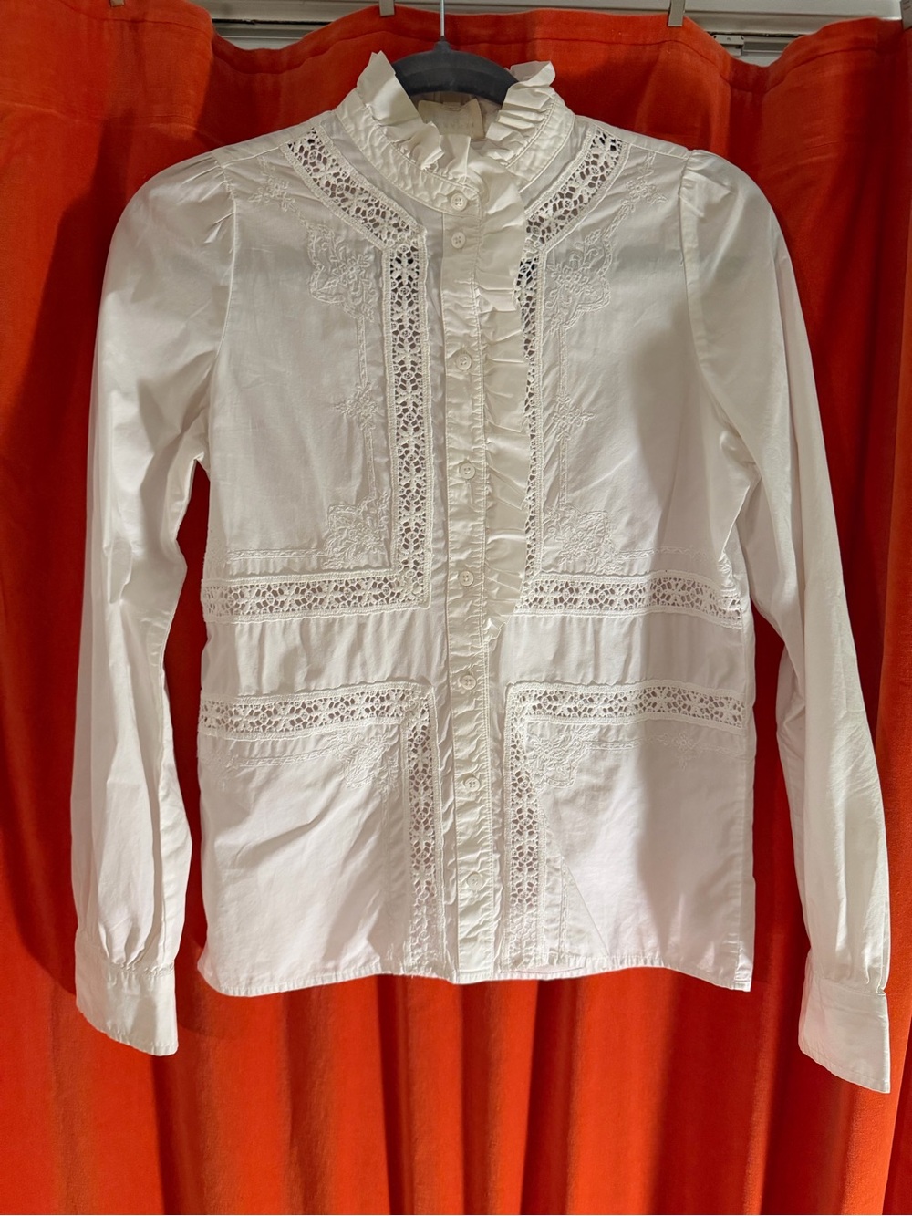 Sezane Ulysse White Victorian Ruffle Lace Button-Up Blouse - Picture 10 of 10